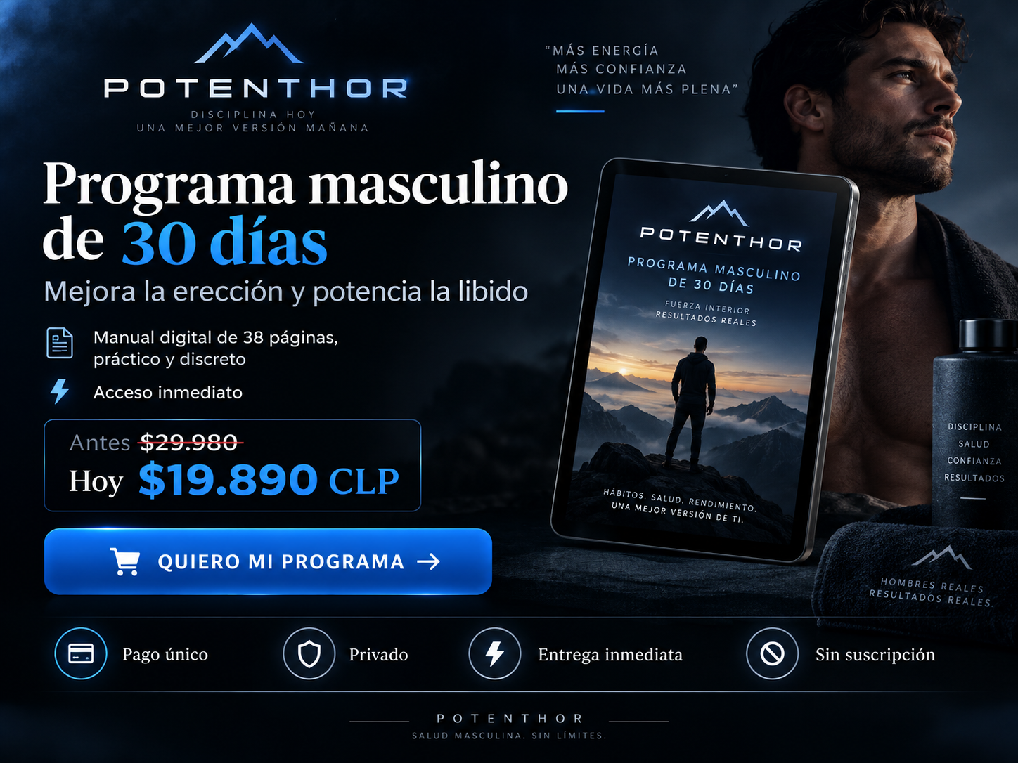 POTENTHOR: hombre y tablet con el programa masculino de 30 días