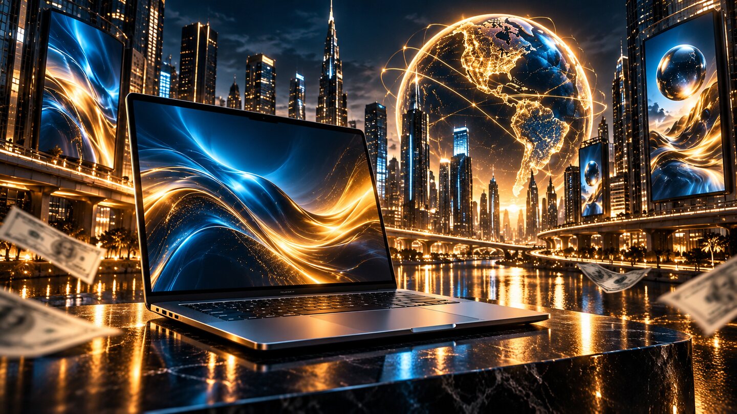 Escena conceptual de publicidad digital global: una oficina conectada con grandes pantallas urbanas.